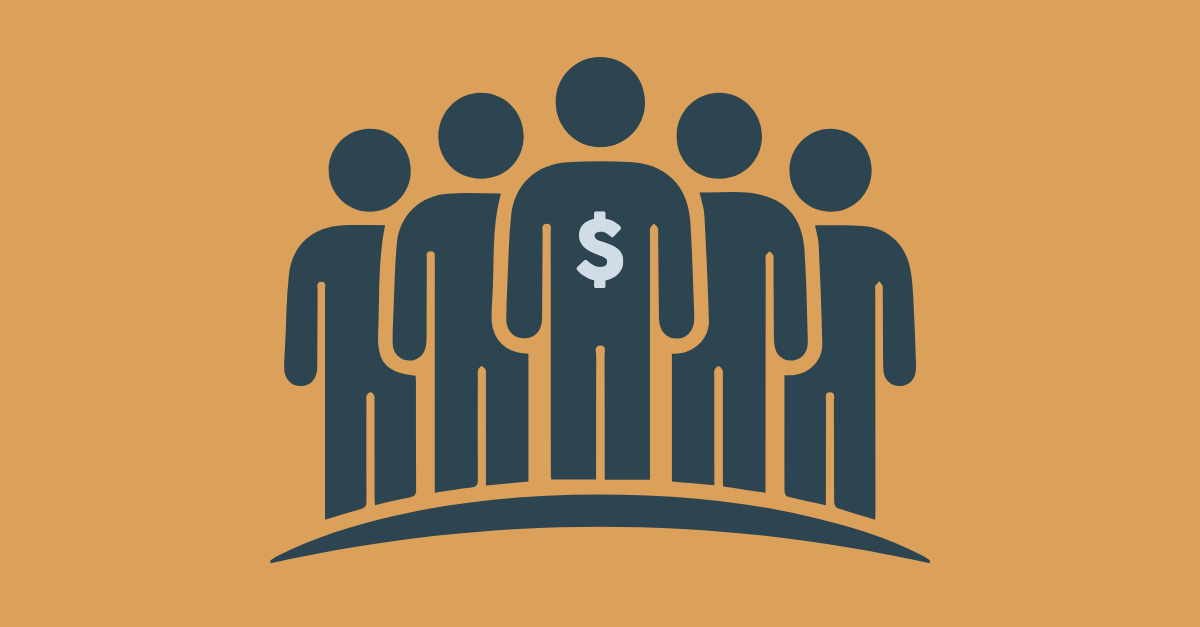 Five dark slate figures standing together on a copper background, the tallest in the center marked with a dollar sign, representing the CPO leading the C-Suite conversation on cost.