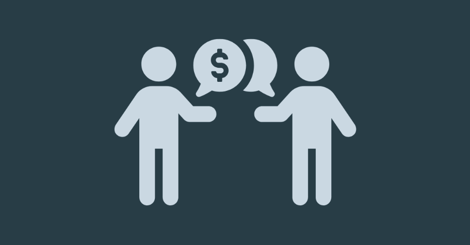 Illustration of two people facing each other across a dollar-sign speech bubble on a slate background, representing a should-cost-informed supplier negotiation.